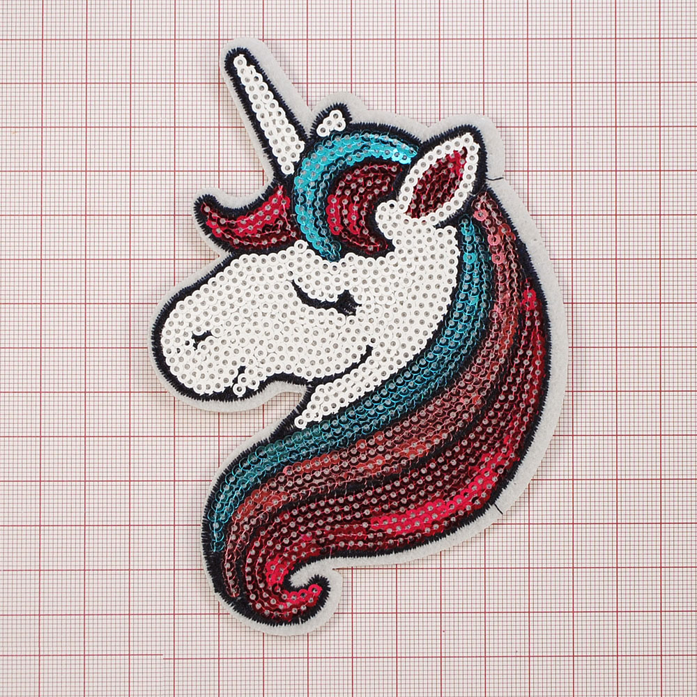 Аппликация клеевая пайетки Единорог голова 13*9см, черный, белый, голубой, розовый, шт. Аппликации клеевые Пайетки