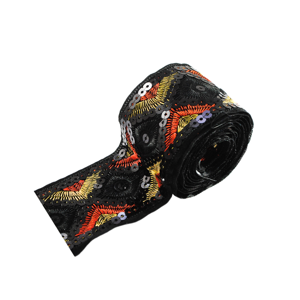 Тесьма Орнамент 4,7см, черный, черные пайетки, черно-красно-золотистая вышивка, 15ярд. Тесьма