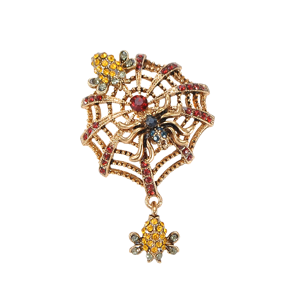 Брошь Паутина Паук Antic, old silver, желтые, красные, синие камни, шт . Броши