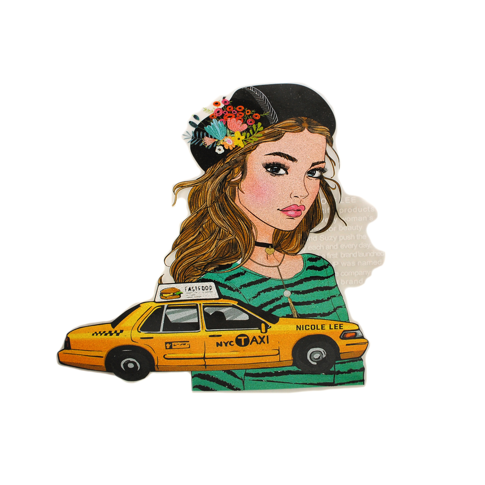 Термоаппликация Девушка, Такси 26*23,7 см, розовый, желтый, зеленый, коричневый, черный, шт. Термоаппликации Накатанный рисунок