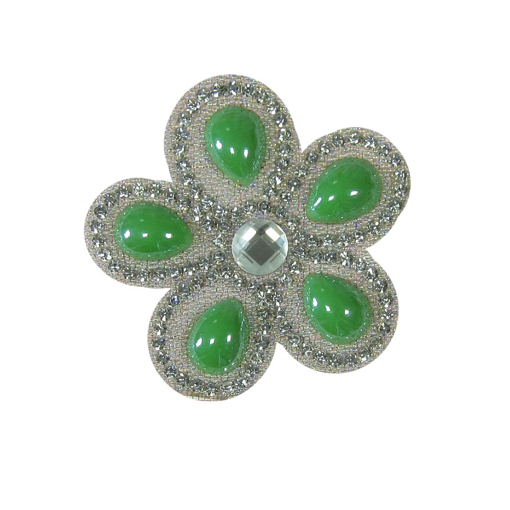 Аппликация клеевая стразы Цветок 5 57*56мм салатовый жемчуг 14*10мм, белые камни 2мм, хамелеон бисер, шт. Аппликации клеевые Стразы комб.