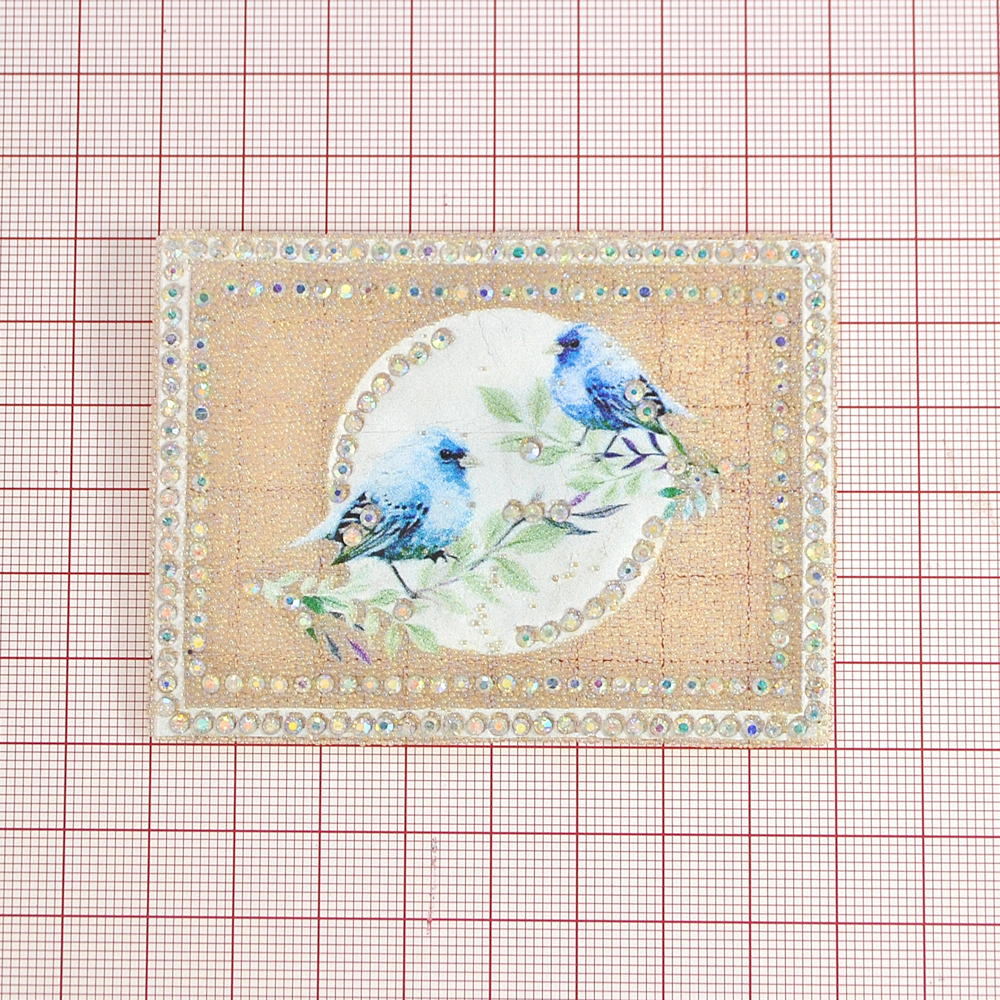 Аппликация клеевая стразы, стеклянная крошка Птицы синие 6*8см прозрачный бисер, хамелеон камни, белый кант, шт. Аппликации клеевые Стразы комб.