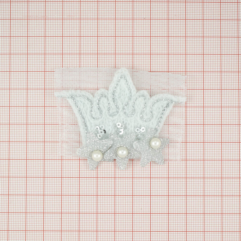 Аппликация вязаная пришивная Корона, звездочки с жемчужинами 6*6,5см голубой фон, серебряные звездочки . Аппликации Пришивные Кружевные Вязаные