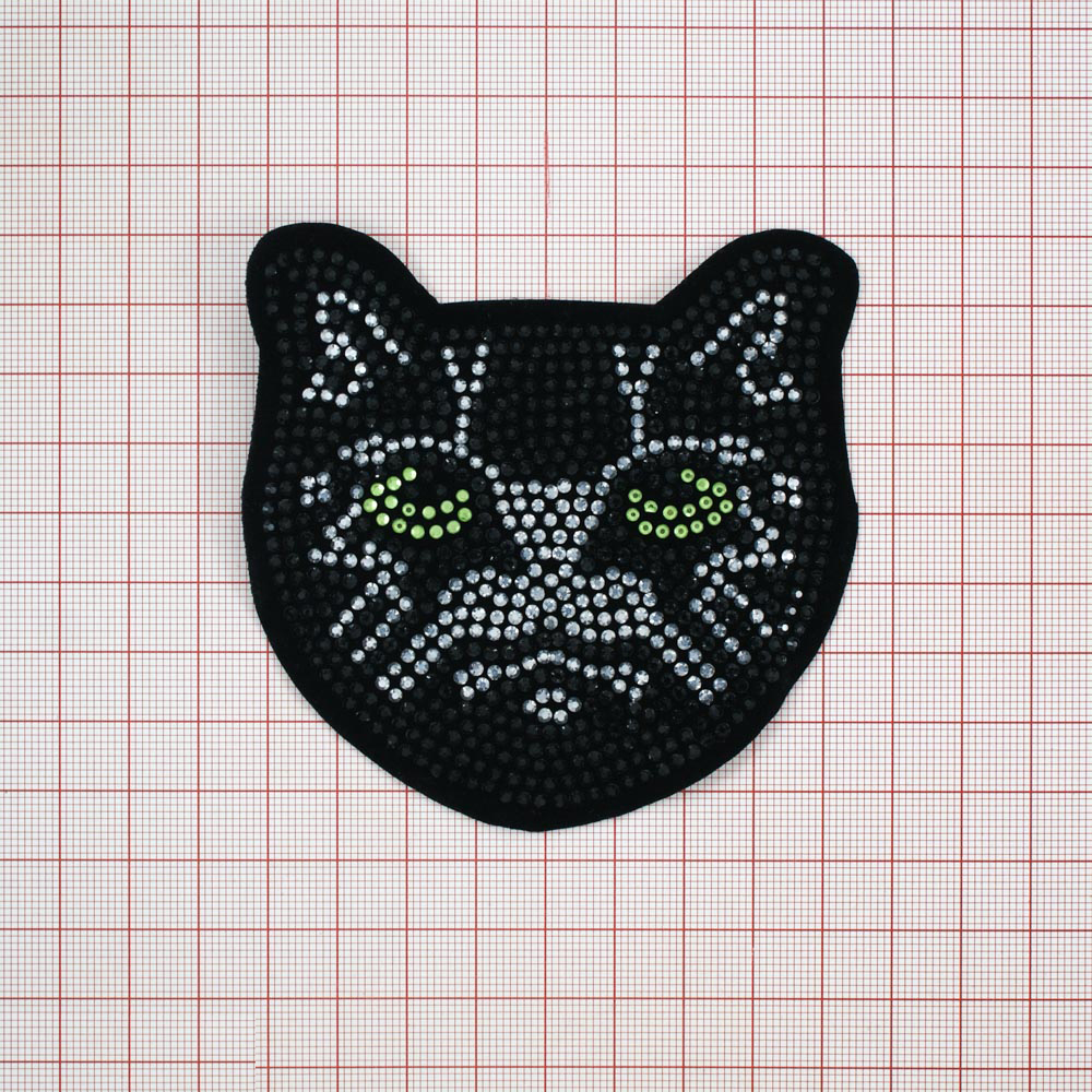 Аппликация пришивная стразы Чеширский Кот 9*9см черный, белые и зеленые камни, шт. Аппликации Пришивные Стразы, Бисер, Металл