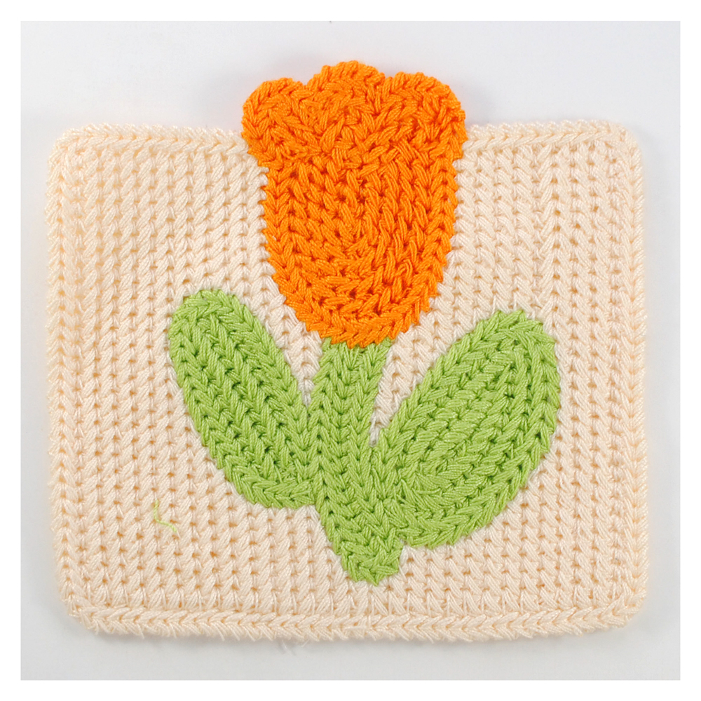 Аппликация тк. приш. дет. карман вязаный, тюльпан, 10,5*10,5см, кремовый, зелен., оранж., шт. Аппликации Пришивные Кружевные Вязаные
