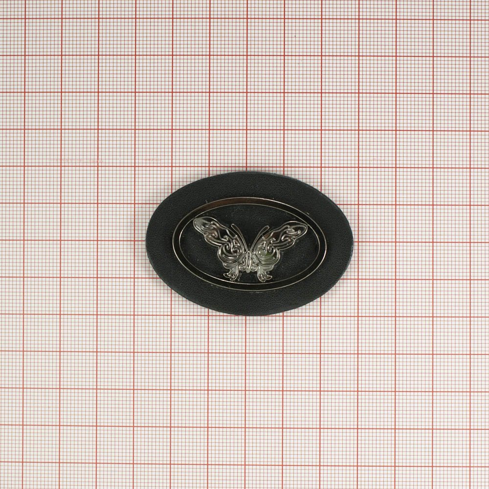 Лейба п/у и металл Бабочка овал, 56*40мм, черный, никель. Лейба Кожзам