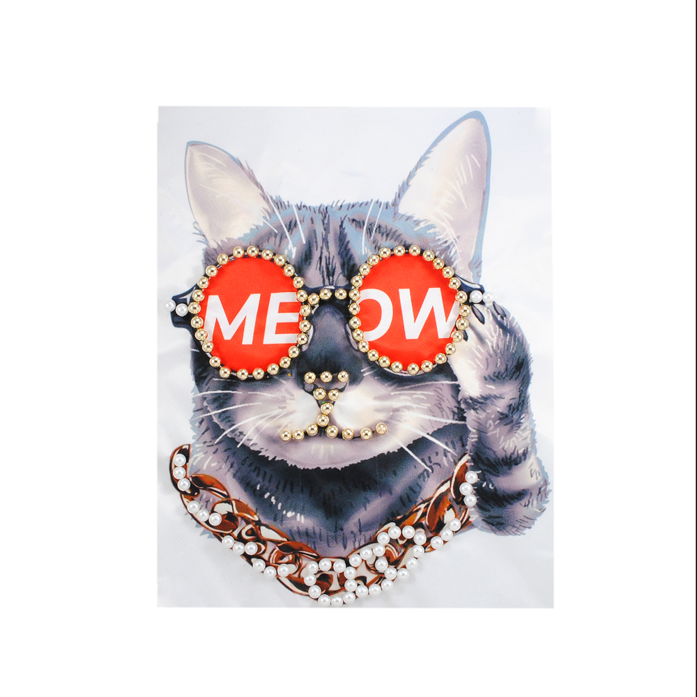Аппликация пришивная бисер, Кот в очках MEOW, 19*23,5см, черный, белый, серый, красный, коричневый, шт. Аппликации Пришивные Стразы, Бисер, Металл