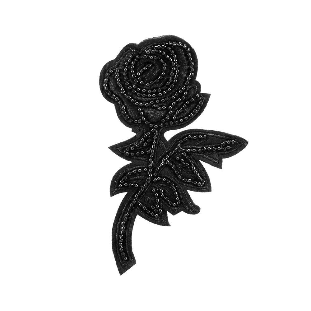 Нашивка тканевая бисер пришивная Роза черная Стебель 9,3*14,2см черный, черный бисер, шт. Нашивка Стразы, Бисер