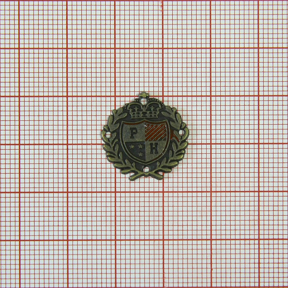 Лейба металл PH герб antik brass, черно-красная эмаль, 18*18мм. Лейба Металл