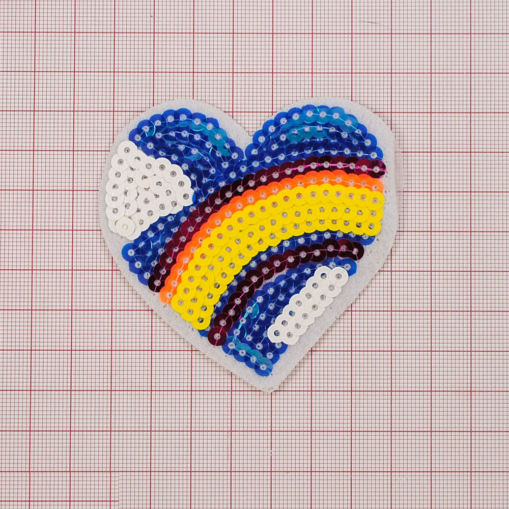 Аппликация клеевая пайетки Сердце 6,5*7см, черный, белый, голубой, желтый, синий, оранжевый, шт. Аппликации клеевые Пайетки