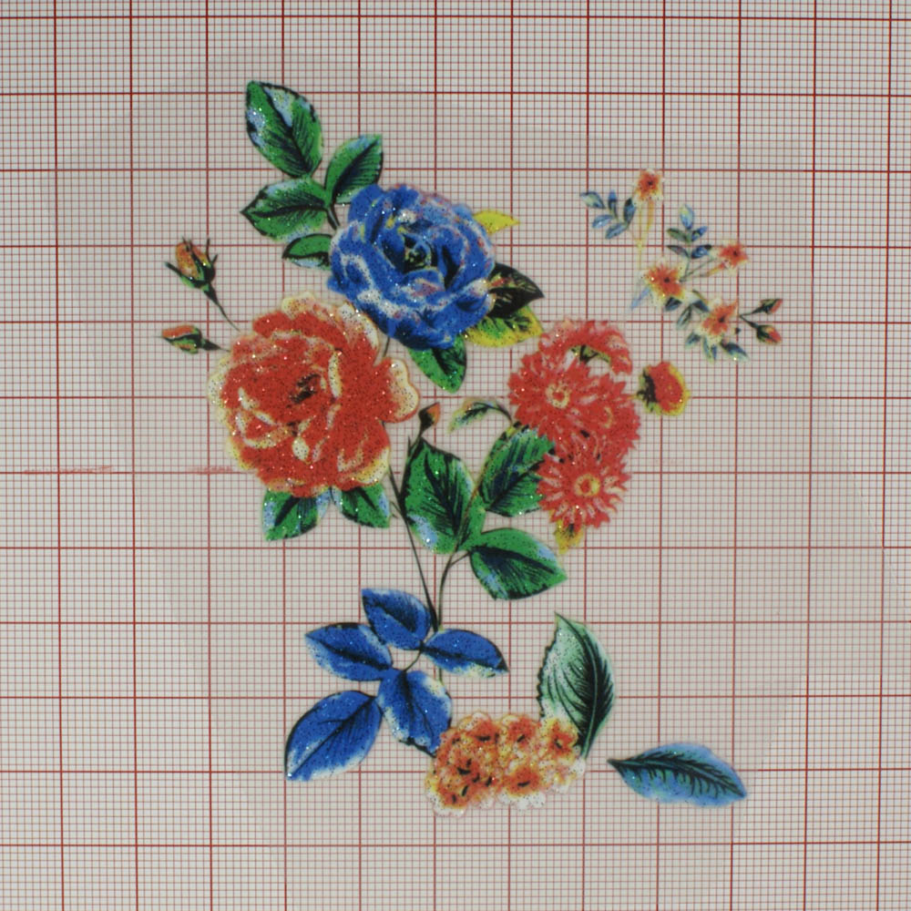Термоаппликация Цветок Шиповник красно-синий 8,7*9,5см, цветная, шт. Термопереводки Цветы, Птицы