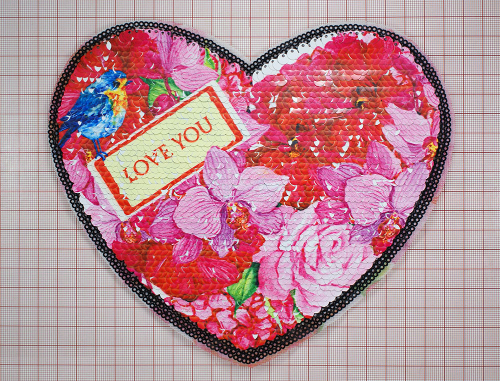 Аппликация пришивная пайетки двусторонняя Сердце LOVE YOU 21*18см цветные пайетки, шт. Аппликации Пришивные Пайетки