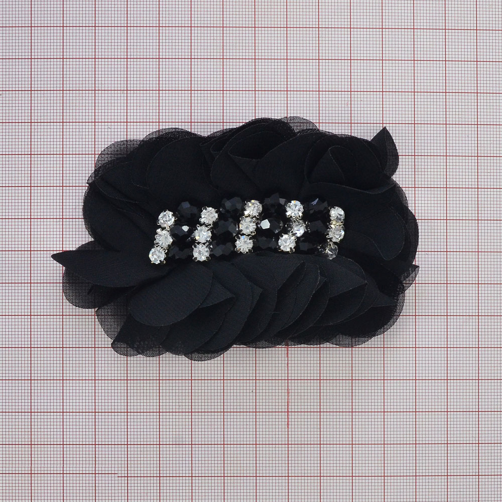 Аппликация декор Пион черный органза, сирен. бусины, камни в металле. Аппликация Декор