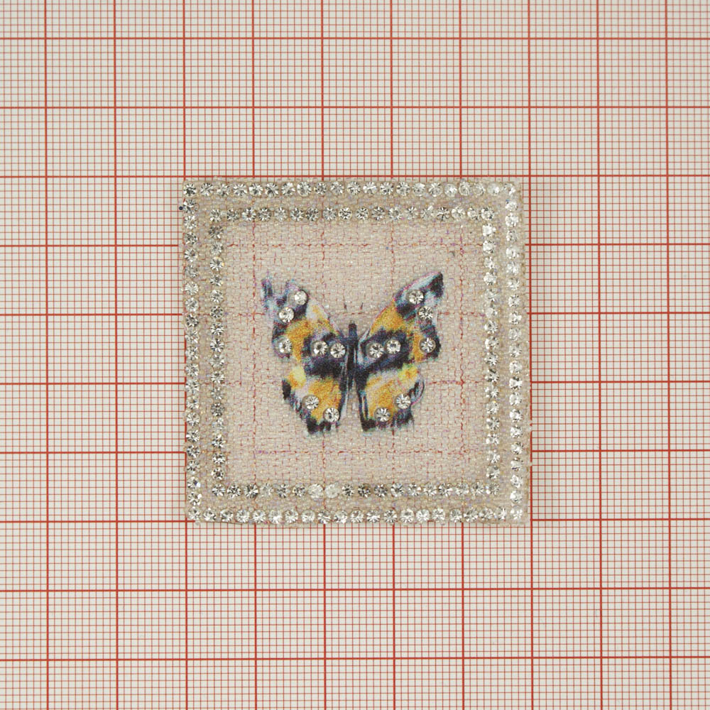 Аппликация клеевая стразы, стеклянная крошка Бабочка Желтая 5*5см хамелеон бисер, белые камни, шт. Аппликации клеевые Стразы комб.