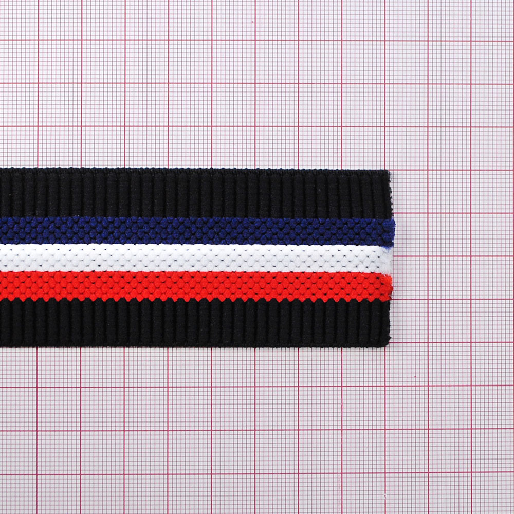 Резинка рельефная Полосы 4см, черный, красный, белый, темно-синий, 50ярд. Резинка
