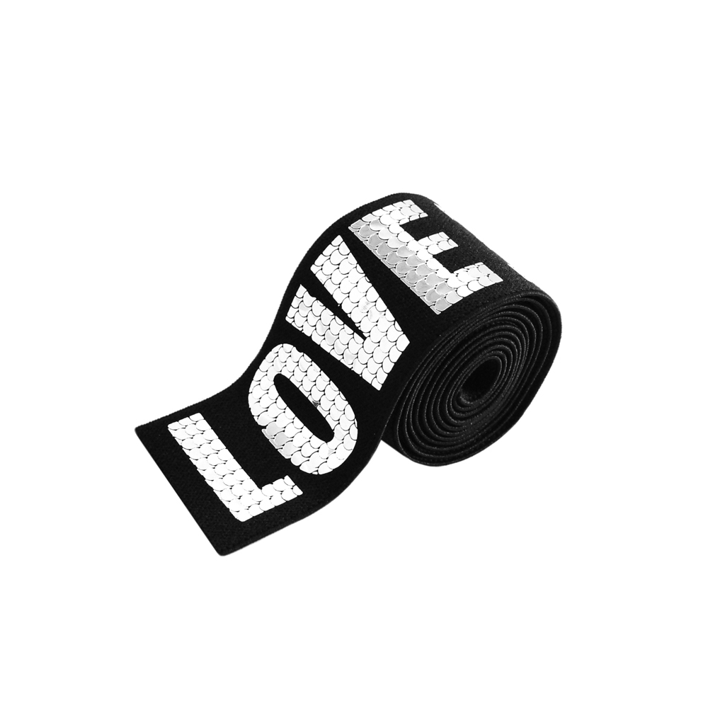 Резинка Пайетки LOVE 3,7см черный, серебро, 50ярд. Резинка