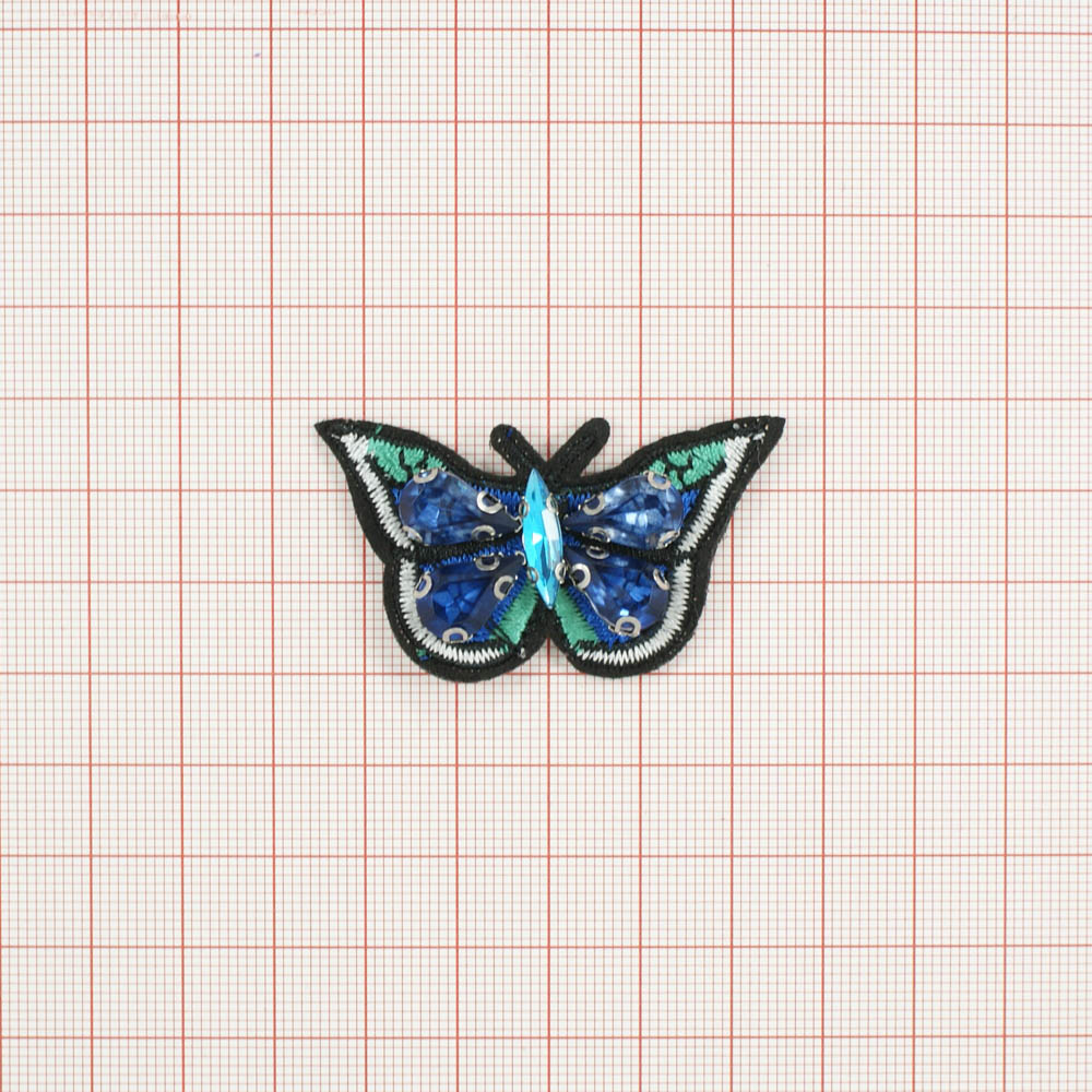 Аппликация пришивная стразы Бабочка Крапивница 50*30мм, сине-черно-зеленая, шт. Аппликации Пришивные Стразы, Бисер, Металл