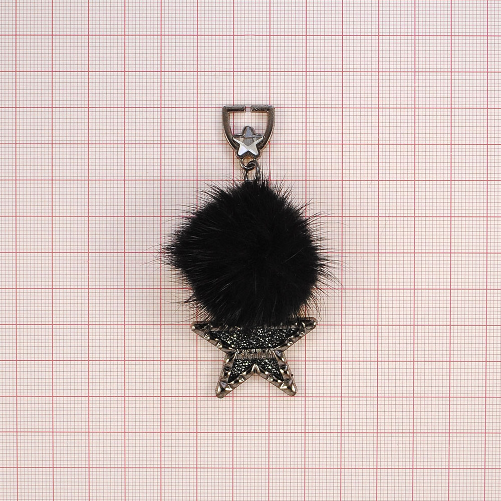 Подвеска металл, мех и стразы Звезда, 8,2*3,5см, блек никель и черный, белые камни, шт. Подвески