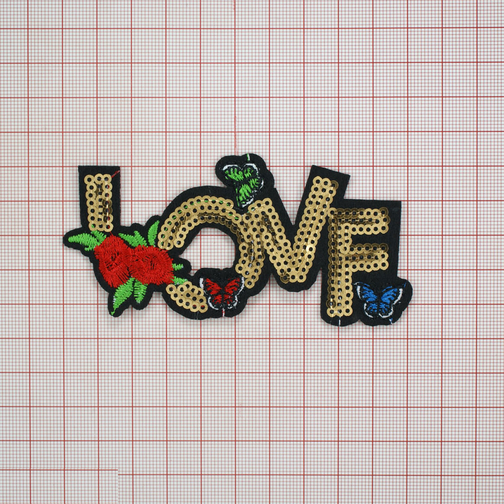 Аппликация клеевая пайетки LOVE 10*5см белые, черные, светло-зеленые, красные, синие нити, золотистые пайетки. Аппликации клеевые Пайетки