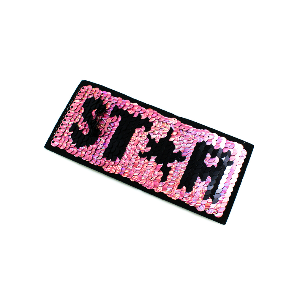 Аппликация клеевая пайетки двусторонняя STAR прямоугольник розовая радуга и черные буквы, 11*5см, шт. Аппликации клеевые Пайетки