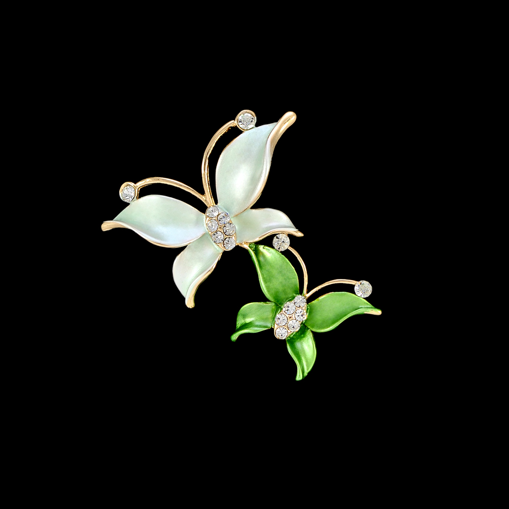 Брошь Бабочки-лепесток GOLD, зеленая и светло-зеленая эмали, белые камни, шт . Броши