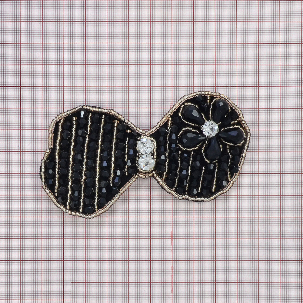 Аппликация декор бант, черный флиз., черн.камни, 3 камня, желт. бисер. Аппликация Декор