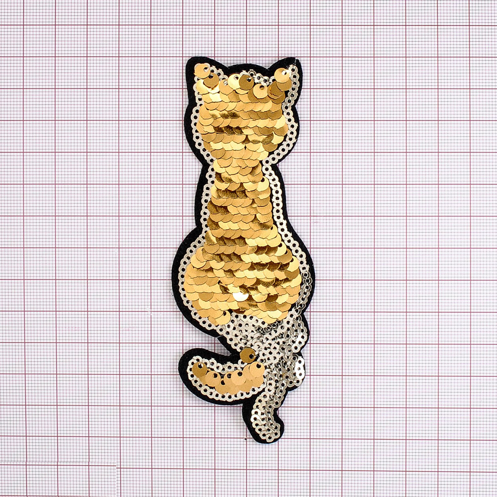 Аппликация клеевая пайетки двусторонняя Котик Спина золото, 12*4см, шт. Аппликации клеевые Пайетки