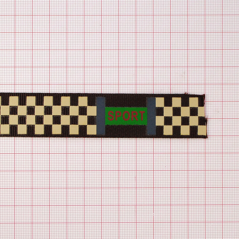 Тесьма DZ-960 желтая шахматка, Sport 2,5см коричневая ярд. Тесьма