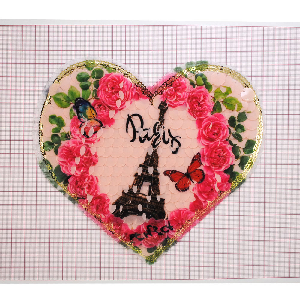 Аппликация пришивная пайетки Сердце Paris башня 17*16см розовый, красный, зеленый, шт. Аппликации Пришивные Пайетки