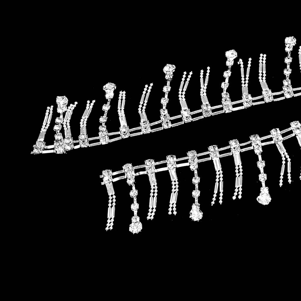 Тесьма стразы Бахрома с двойными подвесками, 3,7см, никель, белый, ярд. Тесьма из страз