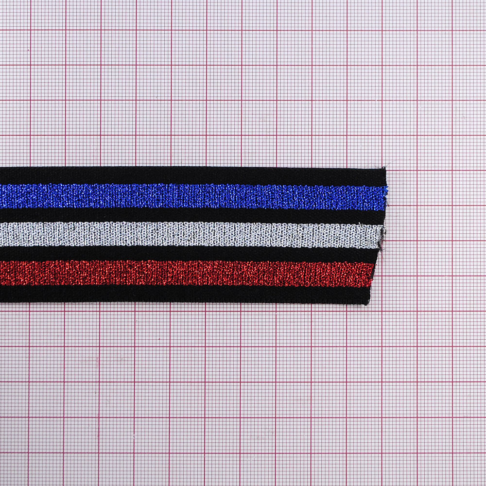 Резинка люрекс Полосы 4см, черная и синий, белый, красный люрекс, 50ярд. Резинка
