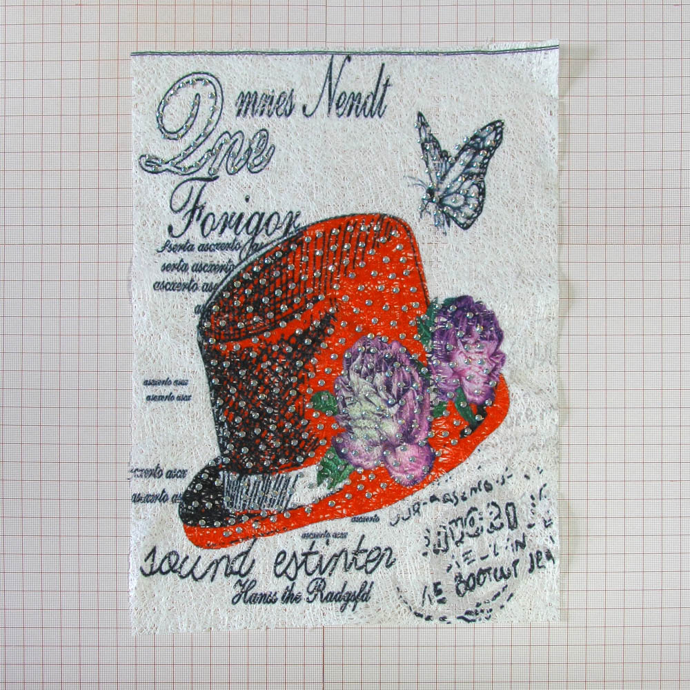 Аппликация пришивная стразы Шляпка красная 32*21см белая, серый рисунок, стразы, шт. Аппликации Пришивные Постер