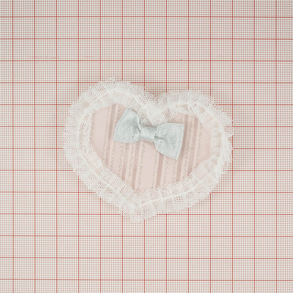 Аппликация кружевная пришивная Сердце бантик 7*8см, белый, розовый, цветочки, бантик, жемчуг, кружево. Аппликации Пришивные Кружевные Вязаные