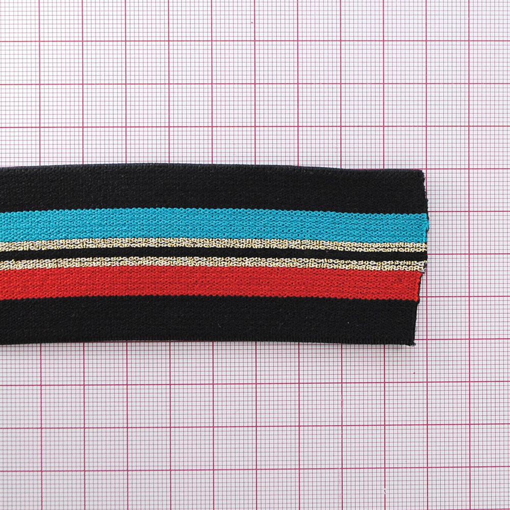 Резинка люрекс Полосы 4см, черный, красный, бирюзовый и золотой люрекс, 50ярд. Резинка