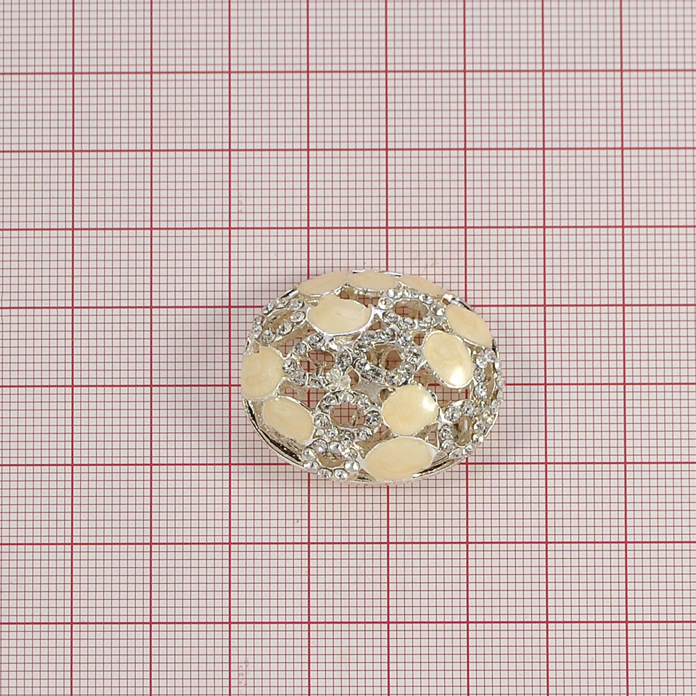 Украшение стеклянное TX-0005 /пуговица/ NIKEL, белые камни, жемчужная эмаль, шт. Пуговица Декор