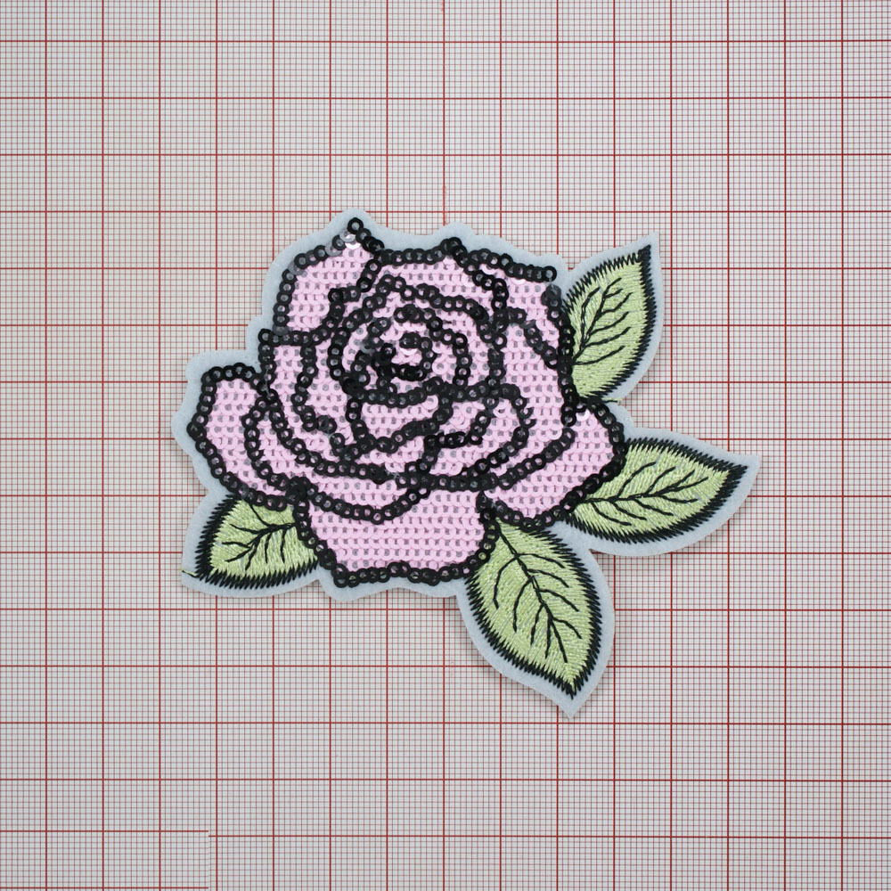 Аппликация клеевая пайетки Роза 10,5*9см черные, светло-зеленые нити, розовые, черные пайетки. Аппликации клеевые Пайетки