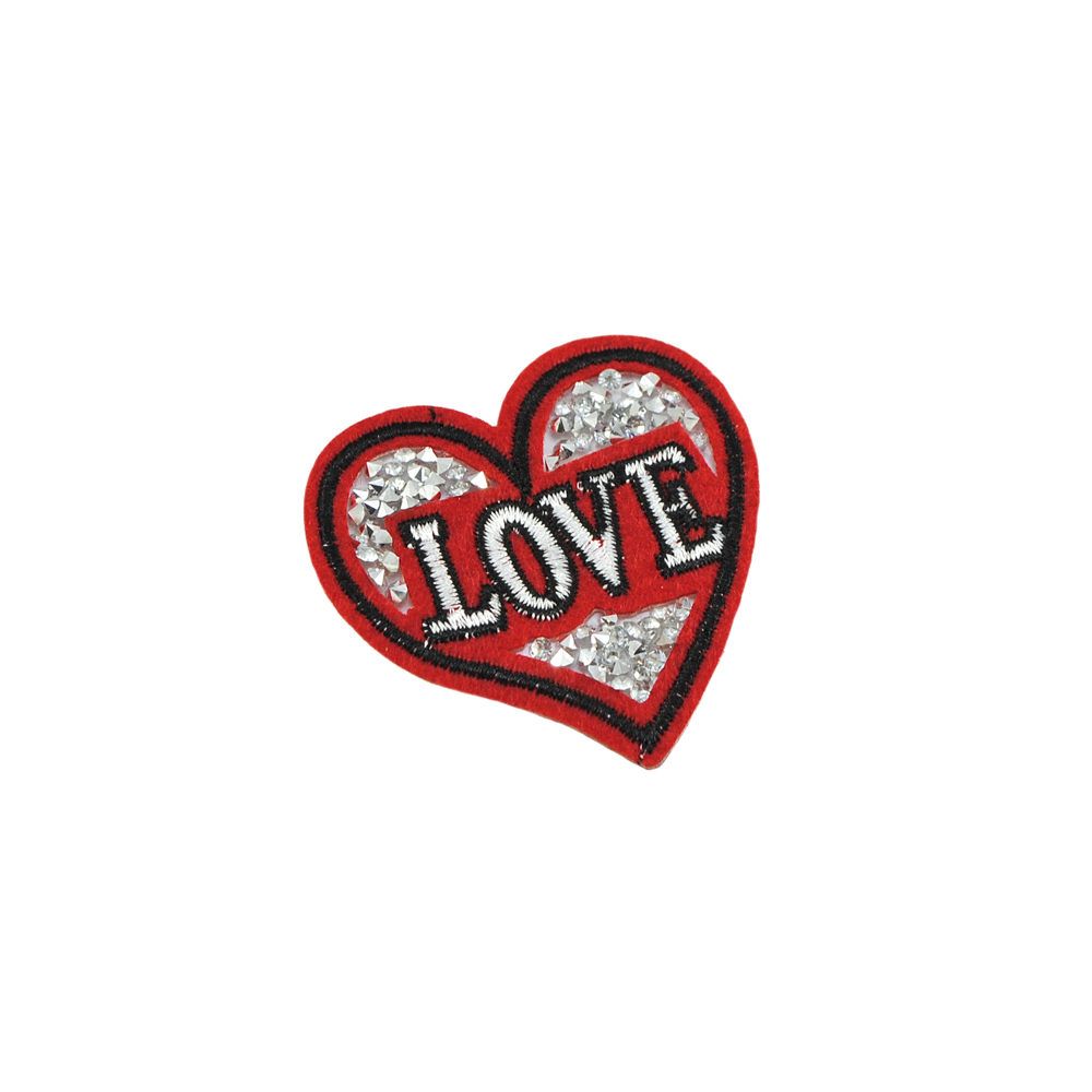 Аппликация клеевая стразы Сердечко LOVE 6*6см красный, белый, черный, камни белый, шт.. Аппликации клеевые Стразы комб.