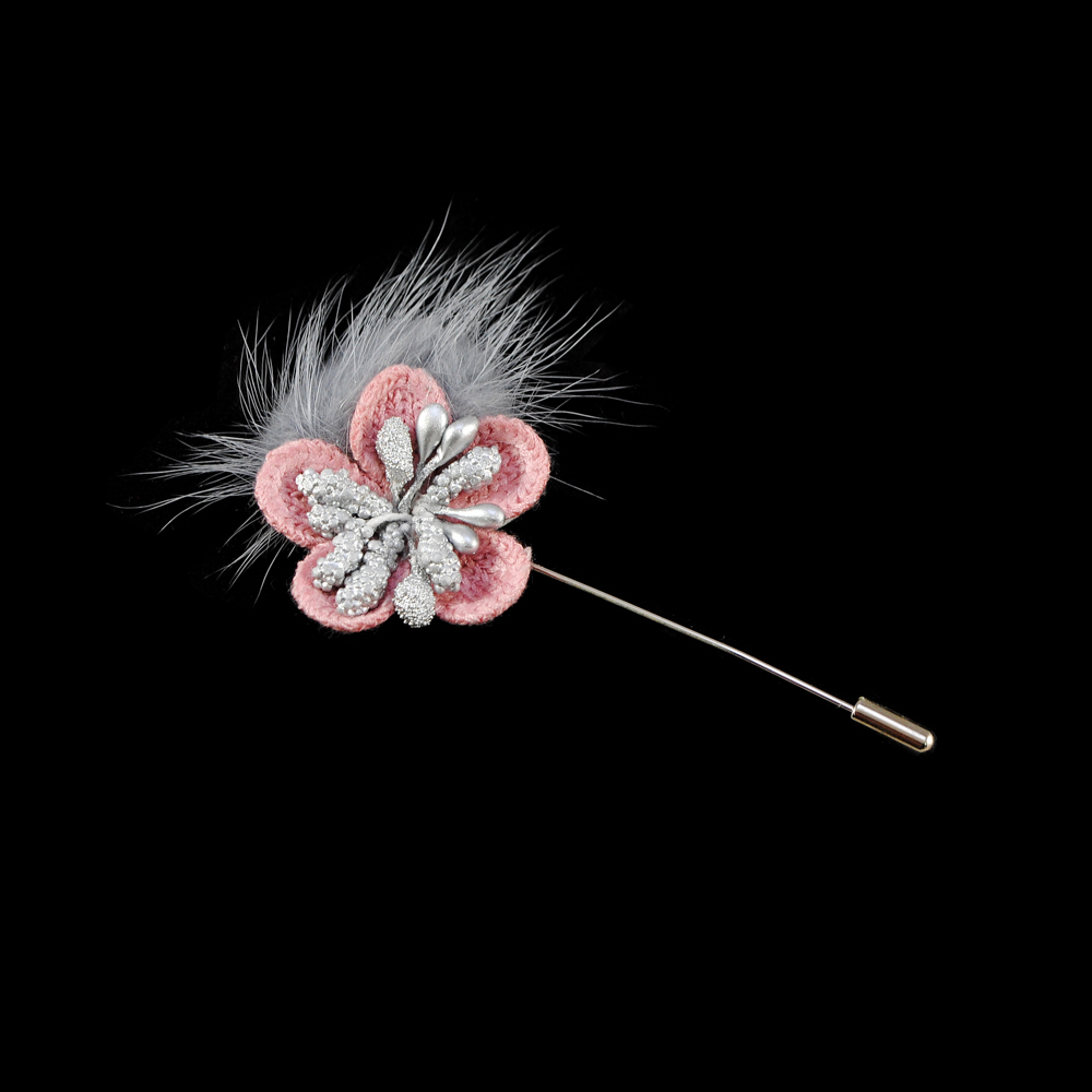Булавка Меховичок Цветочек NIKEL, серый мех, розовый цветок, серые камни, шт . Булавки