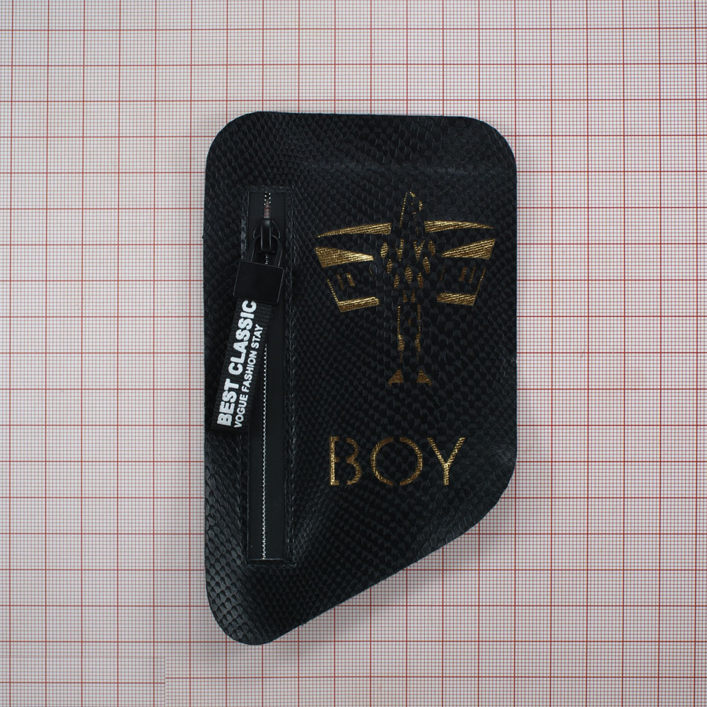 Аппликация пришивная кожзам BOY карман прямоугольный, змейка 8.5*14.5см черный, золотой, шт. Нашивка Кожзам