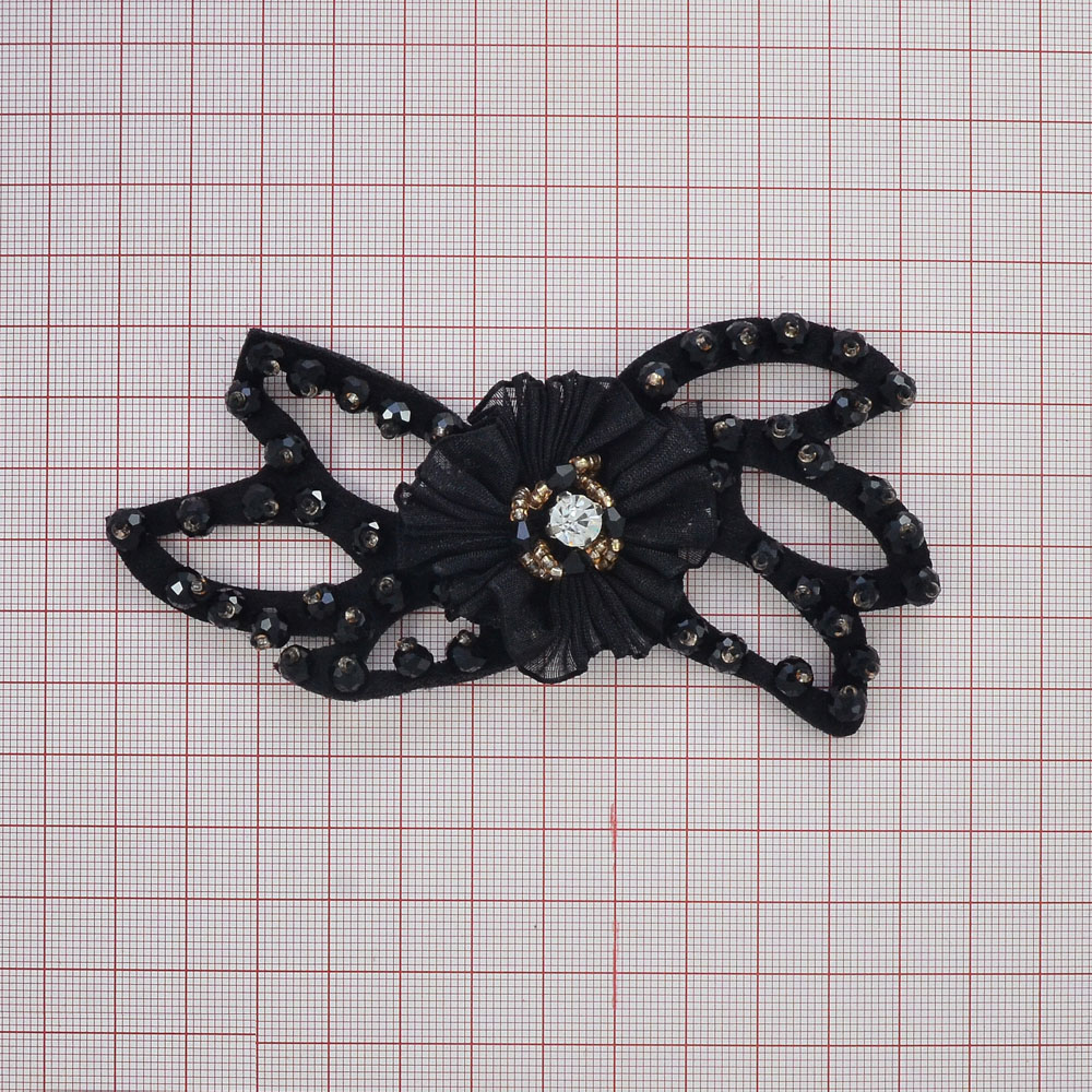 Аппликация декор Листки, бантик-рюш черный. Аппликация Декор