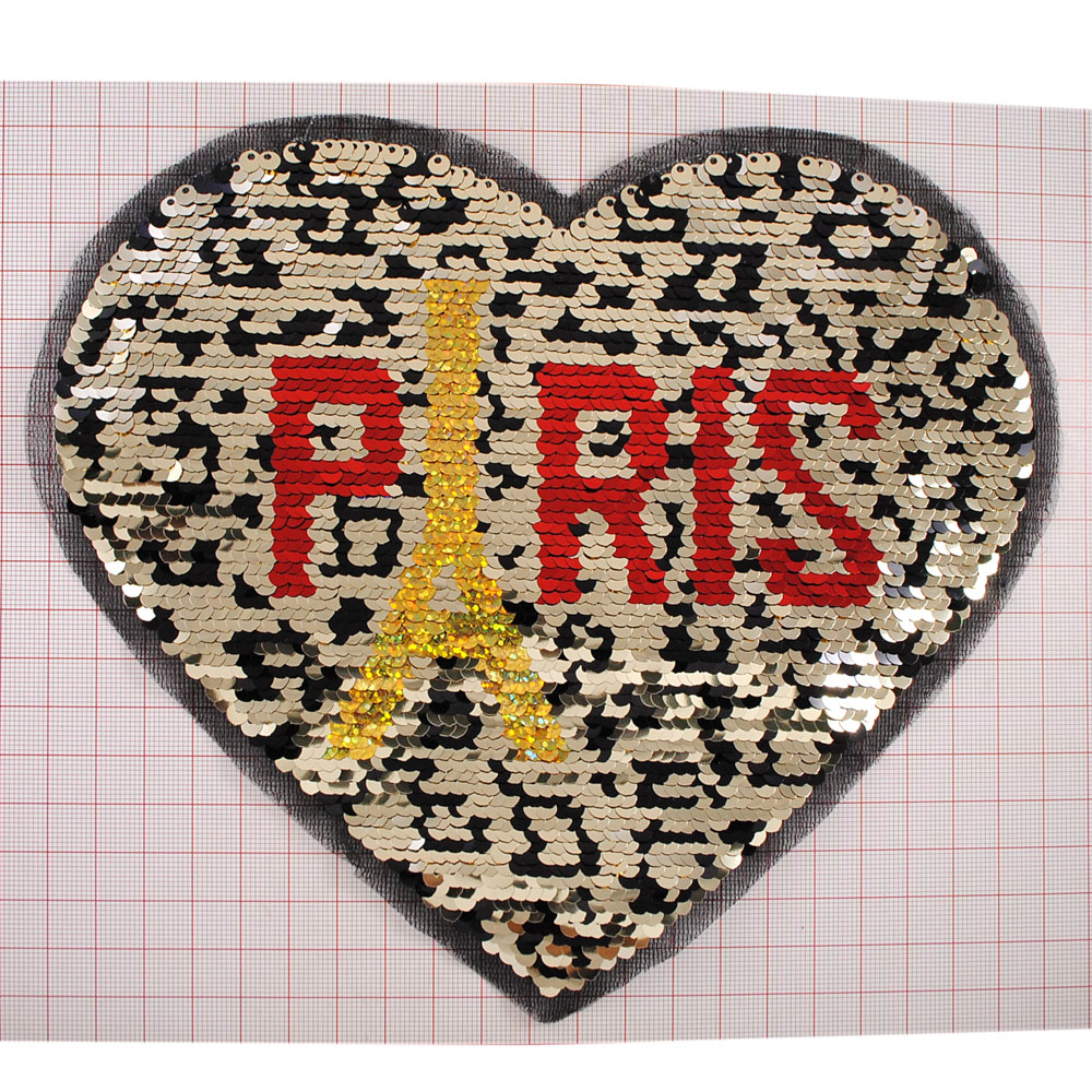 Аппликация тканевая пришивная, пайетки Сердце Paris  Эйфелева башня, 22*19,8см, черный, золото, серебряный, красный, шт. Аппликации Пришивные Пайетки