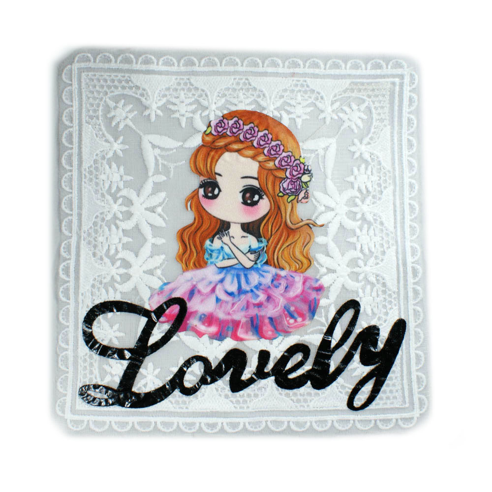 Аппликация пришивная Кружево Lovely девочка 20*19см кружевная, белая, цветной рисунок, черный лак, шт. Аппликации Пришивные Постер