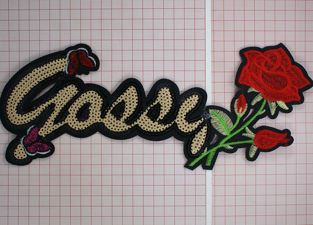 Аппликация клеевая пайетки Sorry с розой 31*12см красный, зелный, светло-зеленый, белый, лиловый, черные нити, черные и белые пайетки, шт. Аппликации клеевые Пайетки