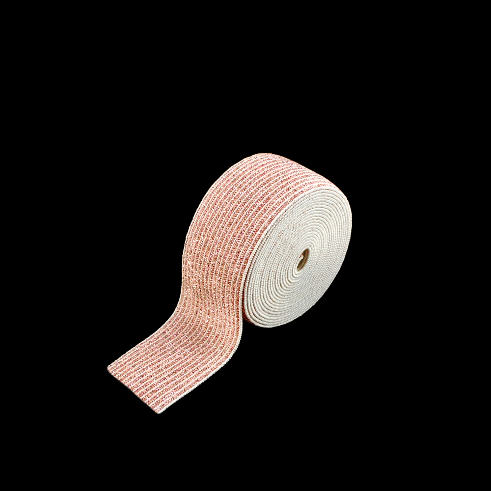 Резинка люрекс Полосы 2,5см, белый, светло-розовый люрекс, 50ярд. Резинка