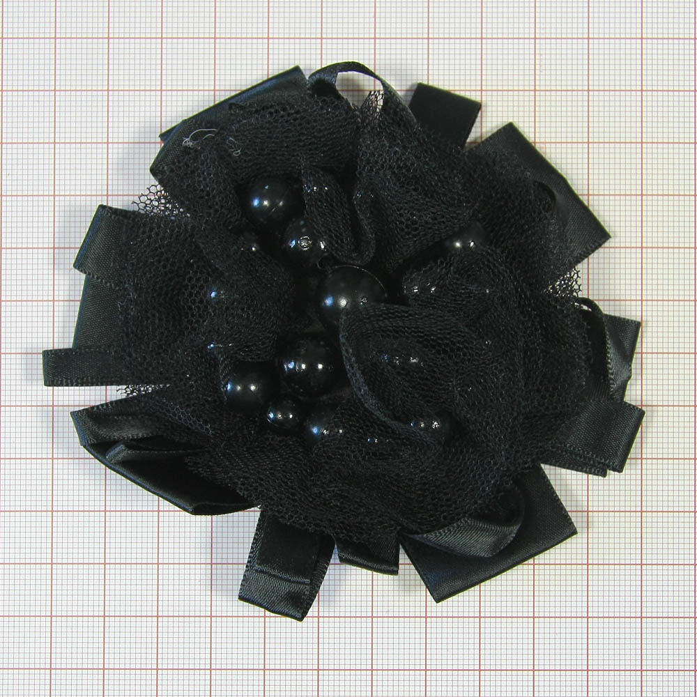 Аппликация декор FY-016 Цветок-ленты черный, черн.бусины. Аппликация Декор