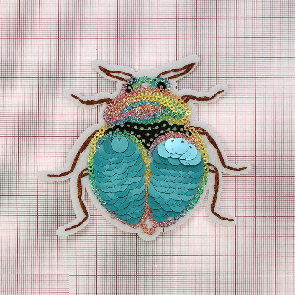 Аппликация клеевая пайетки Жук 9,5*11см, белый, голубой, коричневый, зеленый, желтый, розовый, шт. Аппликации клеевые Пайетки