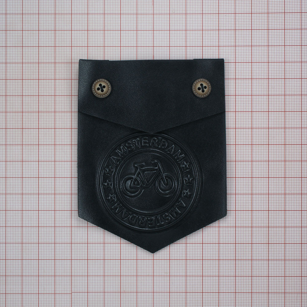 Аппликация пришивная кожзам Велосипед карман пятиугольный, металл 9*12см черный, шт. Нашивка Кожзам