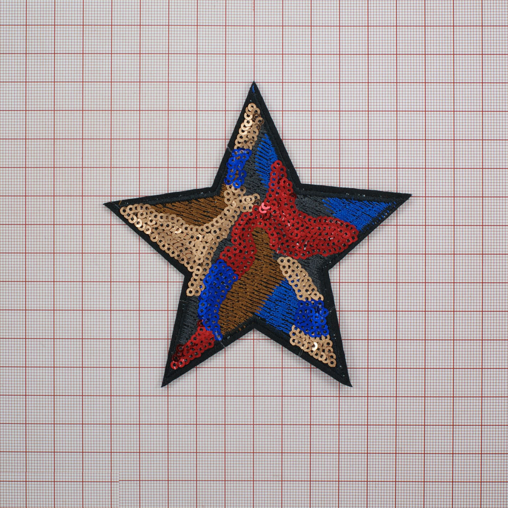 Аппликация клеевая пайетки Звезда 11*11см синий, коричневый, черный, темно-серые нити, красные, синие, золотые пайетки. Аппликации клеевые Пайетки