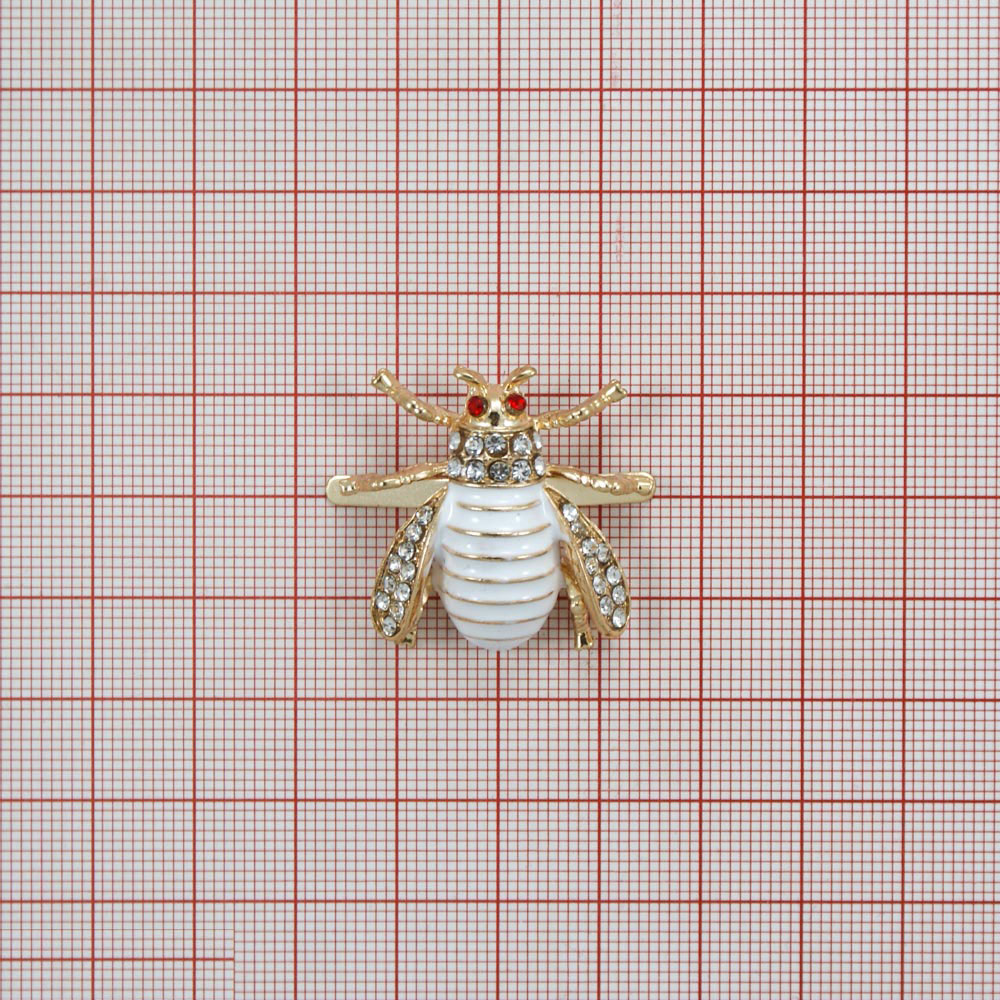 Краб металл Жук 3,1*2,9см, GOLD, белые и красные камни, белая эмаль, шт. Крабы Металл Цветы, Жуки