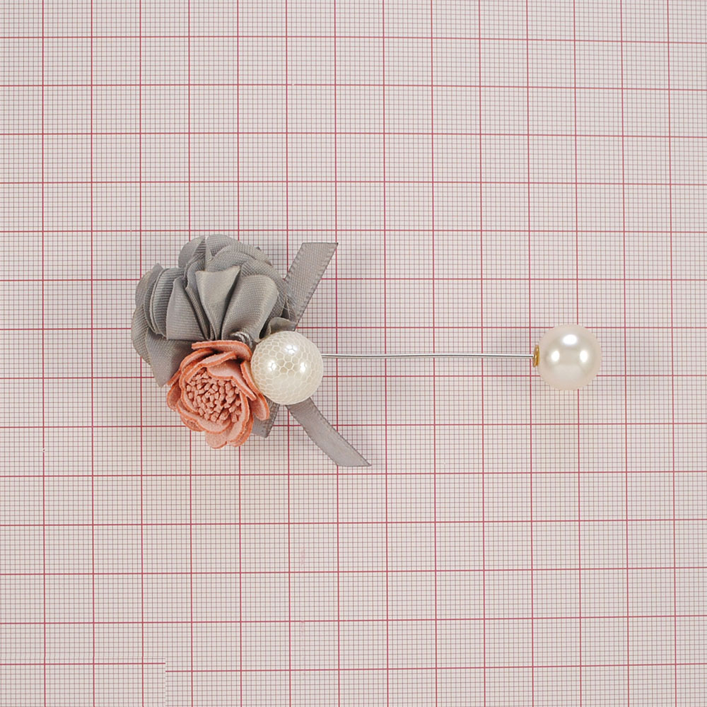 Булавка Пион 4*9см никель, белый жемчуг, серый, персиковый, шт. Булавки